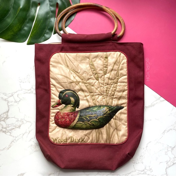 Vintage Puffer Duck Bamboo Handles Tote Purse - Picture 5 of 10